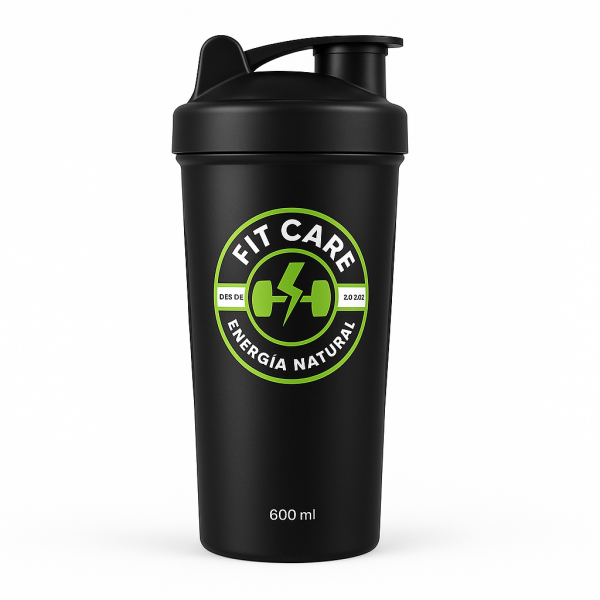 Shaker 600ml – Negro con Logo Verde | FIT CARE